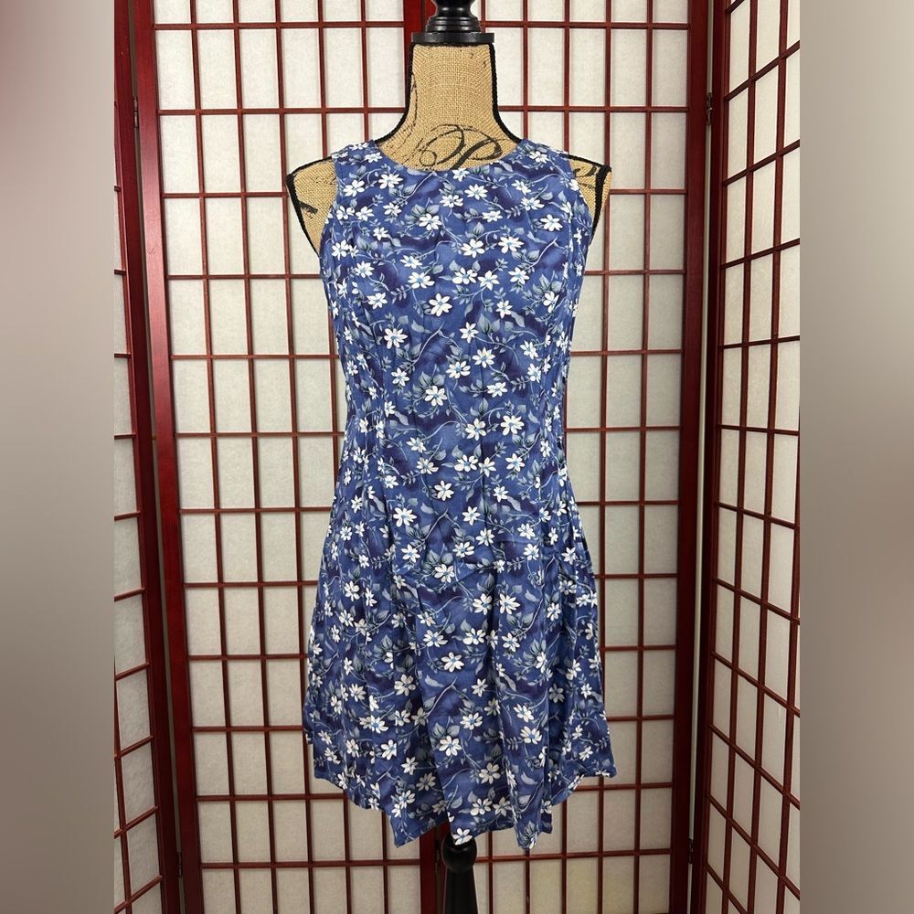 Vintage DBY 90s Blue Floral Print A Line Tie Back Sleeveless Mini Dress